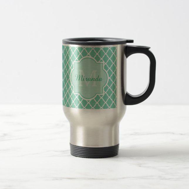 Elegant Mint Green Quatrefoil Monogram With Name Travel Mug (Right)