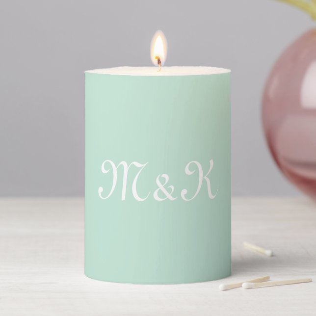 Elegant mint green script custom couple initials  pillar candle (In Situ)