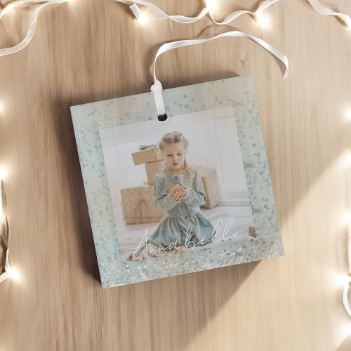 Elegant Mint Green Silver Glitter Sparkle Photo Glass Ornament