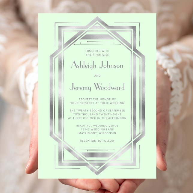 Elegant Mint Green Silver Vintage Deco Wedding Invitation (Creator Uploaded)