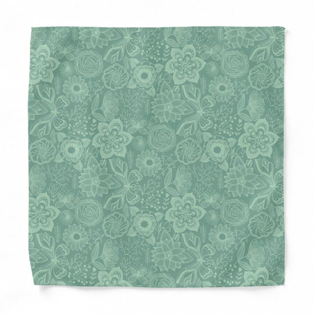 Elegant Mint-Green Tones Retro Floral Lace Bandana (Front)