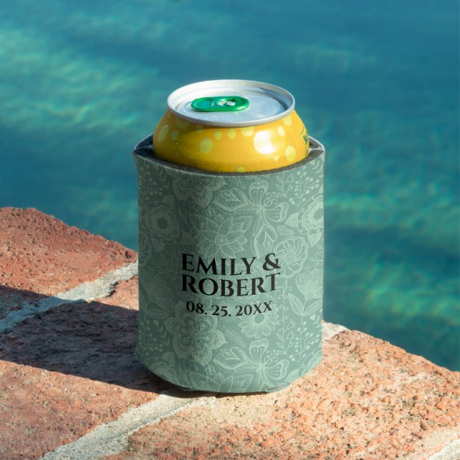 Elegant Mint-Green Tones Retro Floral Lace Can Cooler (In Situ Pool)