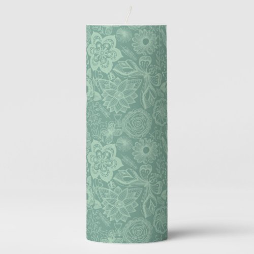 Elegant Mint_Green Tones Retro Floral Lace Pillar Candle