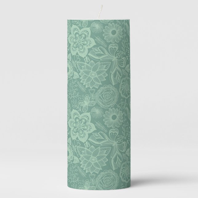 Elegant Mint-Green Tones Retro Floral Lace Pillar Candle (Front)