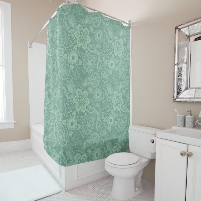 Elegant Mint-Green Tones Retro Floral Lace Shower Curtain (In Situ)