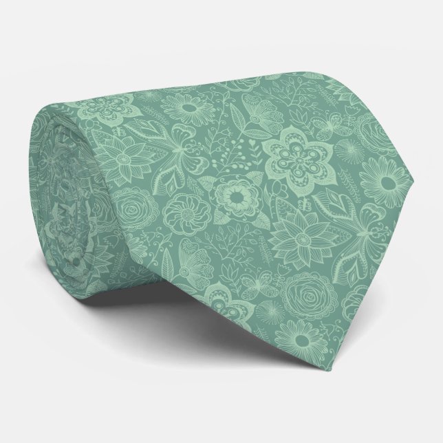 Elegant Mint-Green Tones Retro Floral Lace Tie (Rolled)
