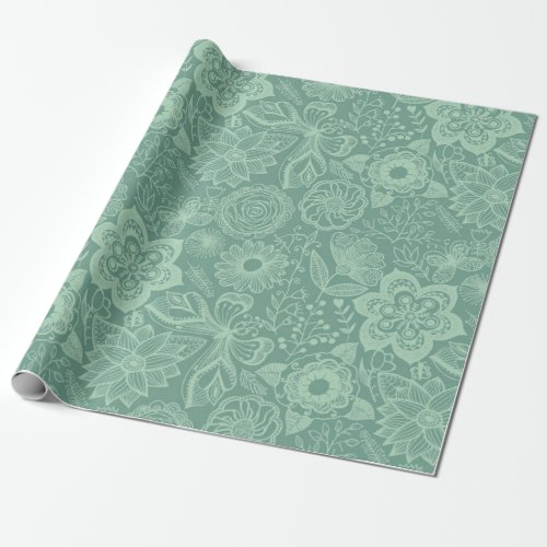 Elegant Mint_Green Tones Retro Floral Lace Wrapping Paper