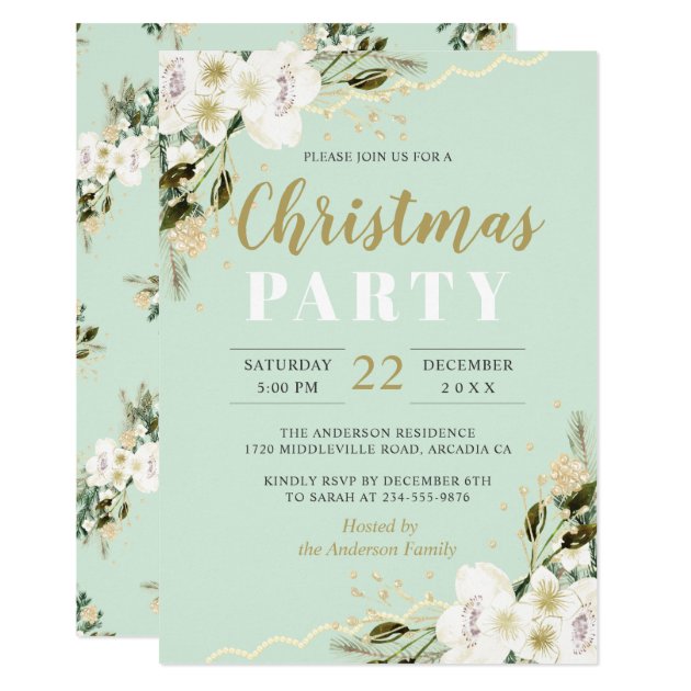 Elegant Mint Green Watercolor Floral Christmas Invitation
