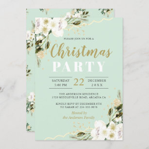 Elegant Mint Green Watercolor Floral Christmas Invitation