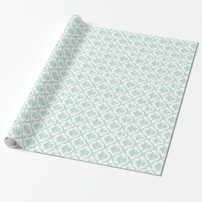 Elegant Mint-Green & White Floral Damasks Wrapping Paper (Unrolled)