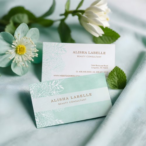 Elegant Mint Green  White Floral Foliage Lace Business Card