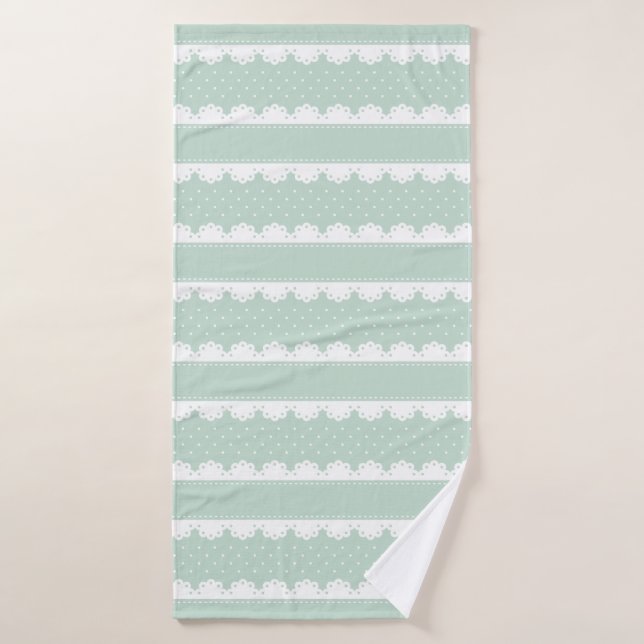 Elegant Mint Green White Lace Striped Pattern Bath Towel (Bath Towel)