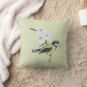 Elegant mint green yellow black bird flowers throw pillow