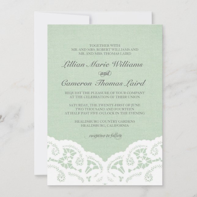 Elegant Mint Lace Wedding Invitation (Front)