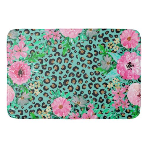 Elegant Mint Leopard Print and Floral Design Bath Mat