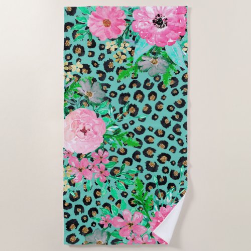 Elegant Mint Leopard Print and Floral Design Beach Towel