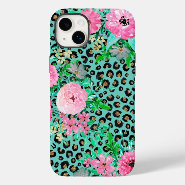 Elegant Mint Leopard Print and Floral Design Case-Mate iPhone Case (Back)