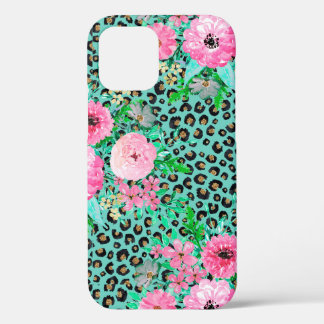 Elegant Mint Leopard Print and Floral Design iPhone 12 Case