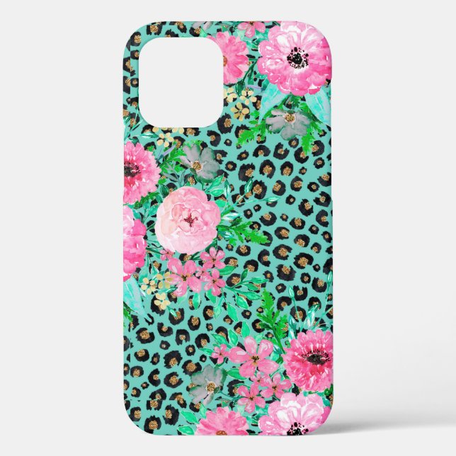 Elegant Mint Leopard Print and Floral Design Case-Mate iPhone Case (Back)