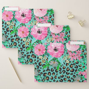 Elegant Mint Leopard Print and Floral Design File Folder