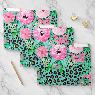 Elegant Mint Leopard Print and Floral Design File Folder