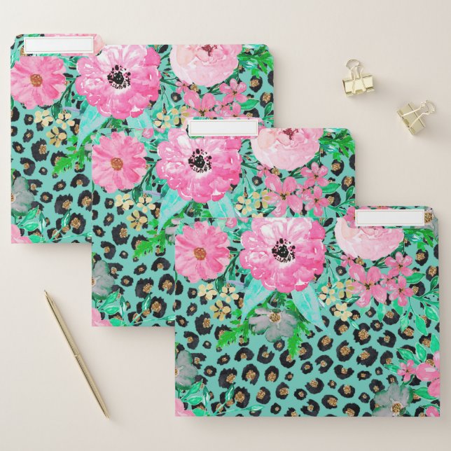 Elegant Mint Leopard Print and Floral Design File Folder (Set)