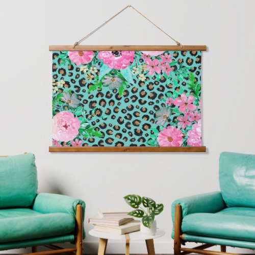 Elegant Mint Leopard Print and Floral Design Hanging Tapestry