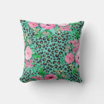 Elegant Mint Leopard Print And Floral Design Throw Pillow at Zazzle