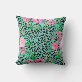 Elegant Mint Leopard Print And Floral Design Throw Pillow by InovArtS at Zazzle