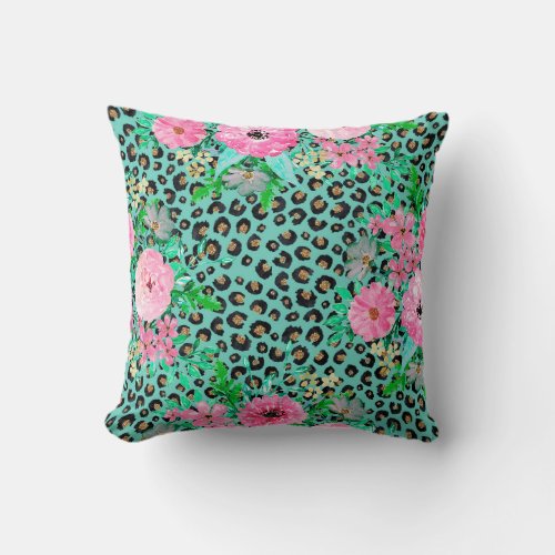 Elegant Mint Leopard Print and Floral Design Throw Pillow