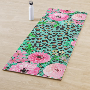 Elegant Mint Leopard Print and Floral Design Yoga Mat