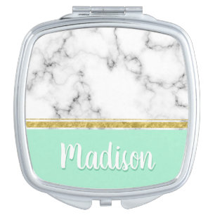 Elegant Mint Marble and Gold Custom Name Makeup Mirror