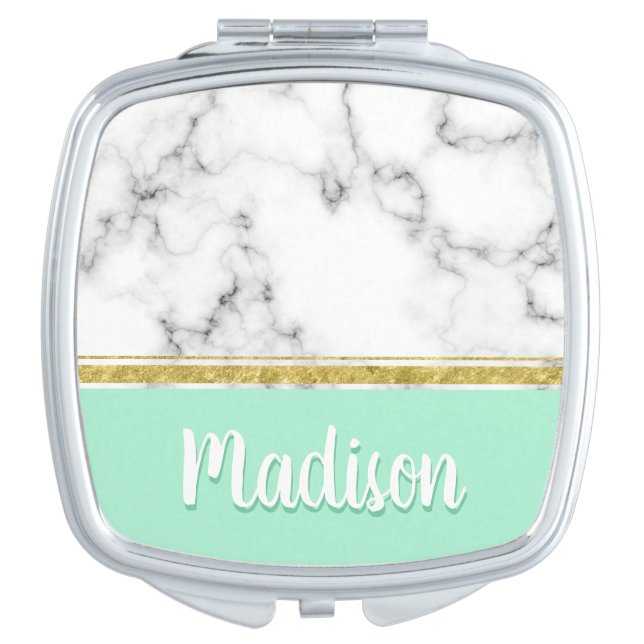 Elegant Mint Marble and Gold Custom Name Makeup Mirror (Front)