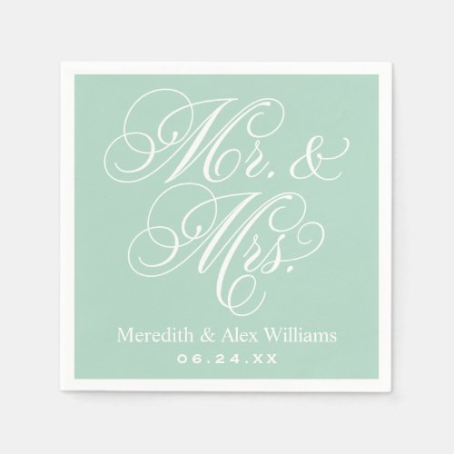 Elegant Mint Mr and Mrs Script Custom Monogram Paper Napkins