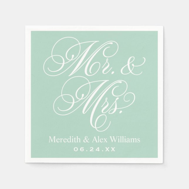 Elegant Mint Mr and Mrs Script Custom Monogram Paper Napkins (Front)