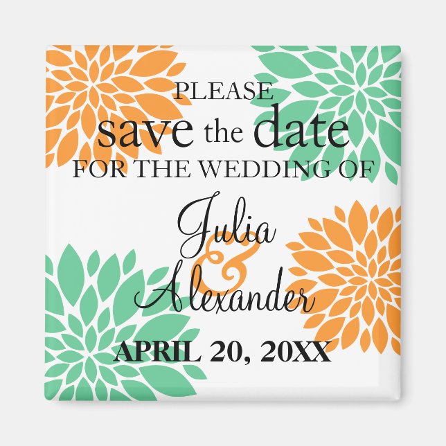 Elegant Mint Orange Floral Burst Save The Date Magnet (Front)
