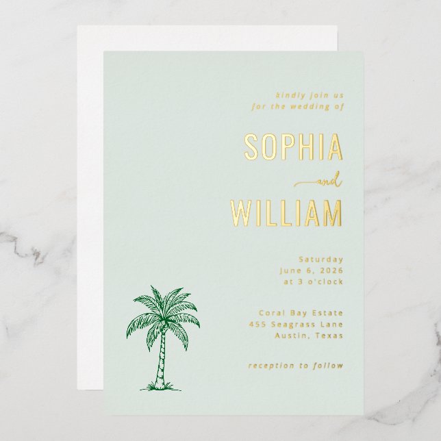 Elegant Mint Palm Tree Foil Invitation (Front/Back)