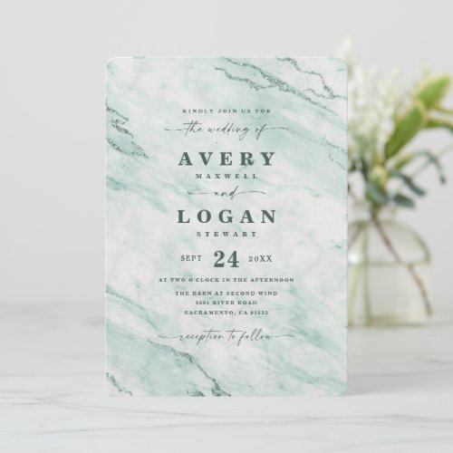 Elegant Mint Pastel Green Metallic Marble Wedding Invitation