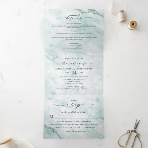 Elegant Mint Pastel Green Metallic Marble Wedding Tri_Fold Invitation