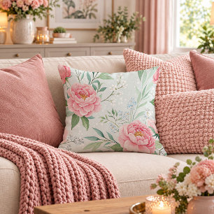 Elegant Mint Pink Shabby Chic Floral Pillow Art