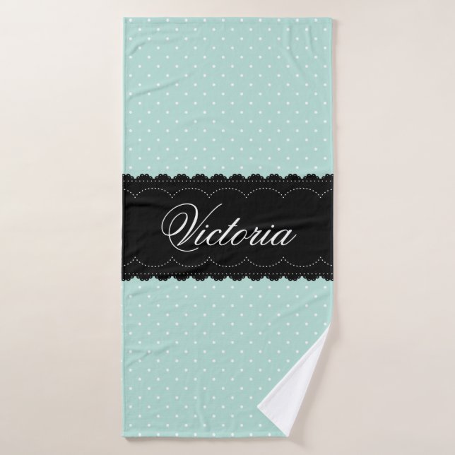 Elegant Mint Polka Dot Pattern Black Custom Name Bath Towel (Bath Towel)