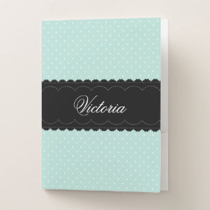 Elegant Mint Polka Dots Black Lace Design Pocket Folder