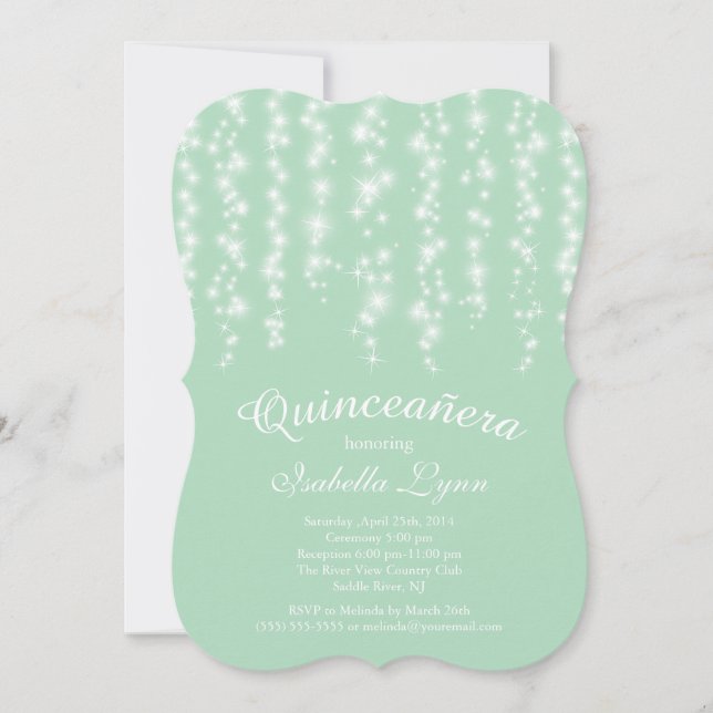 Elegant Mint Sparkling Lights Quinceañera Party Invitation (Front)