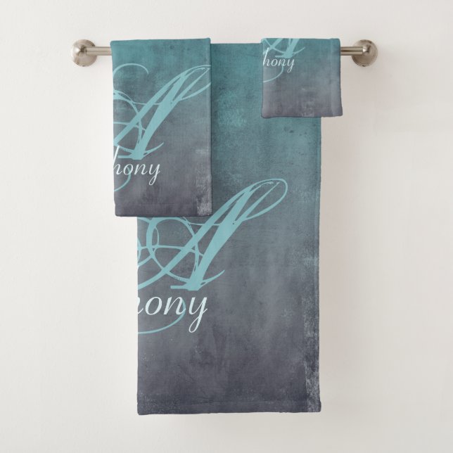 Elegant Mint Teal Gray rustic monogram Bath Towel Set (Insitu)