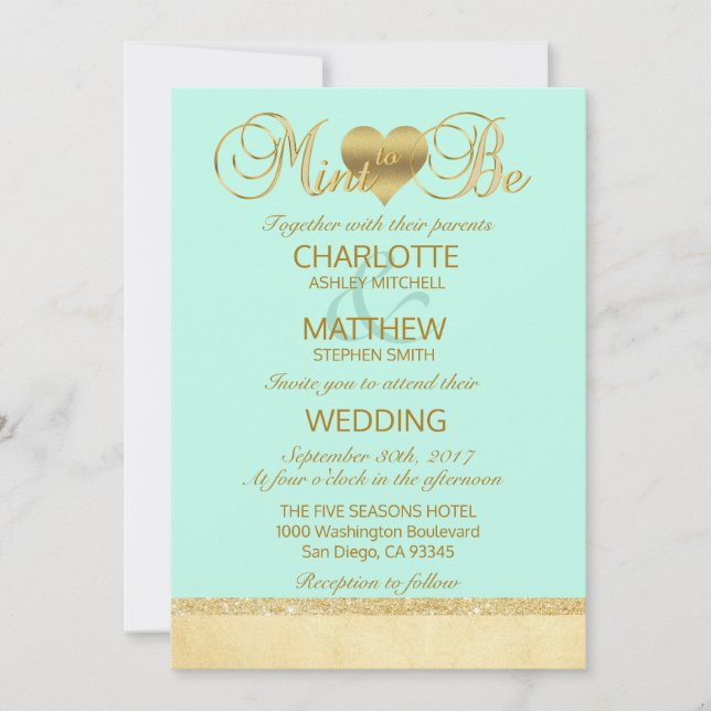 Elegant MINT TO BE Gold Modern Wedding Invitation (Front)