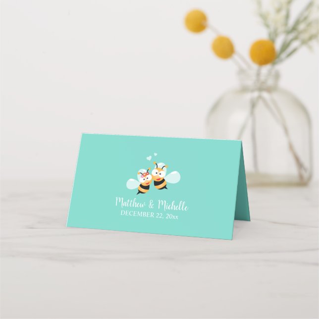 Elegant Mint To Be Honey Bee Minimalist Wedding Place Card (Back)