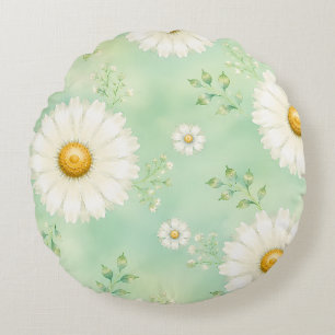 Elegant Mint Watercolor Daisy Round Pillow