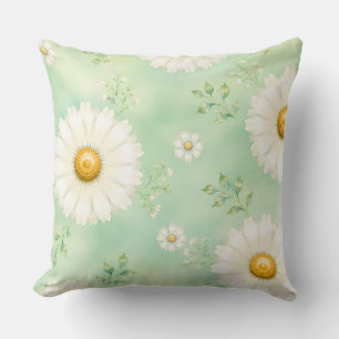 Elegant Mint Watercolor Daisy Throw Pillow
