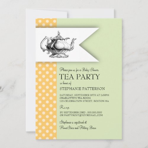 Elegant Mint Yellow Polkadot Baby Shower Tea Party Invitation