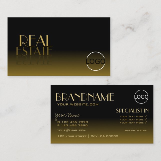 Elegant Mirror Font Classic Black Brown with Logo Business Card (Front/Back)